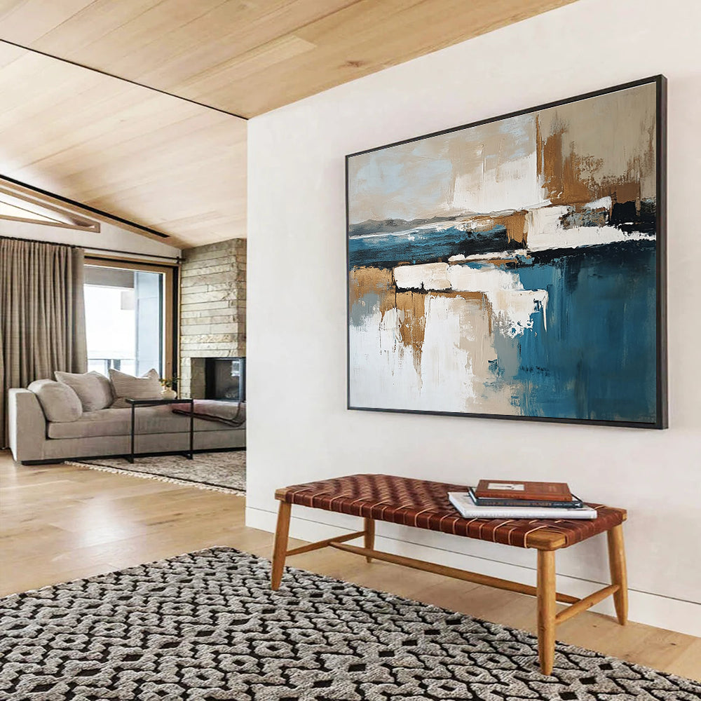 Hand Paintings with Blue, Beige, White and Brown Colors, Abstract Landscape with Reflection Theme WB308