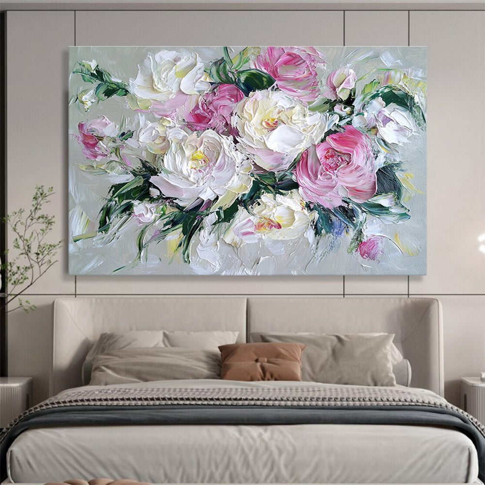 Hand Painted Art with Pink, White and Green Colors, Peony Bouquet Theme Abstract Painting WB321