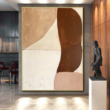 Hand-Painted Beige and Brown Abstract Shape Painting For Sale HS129