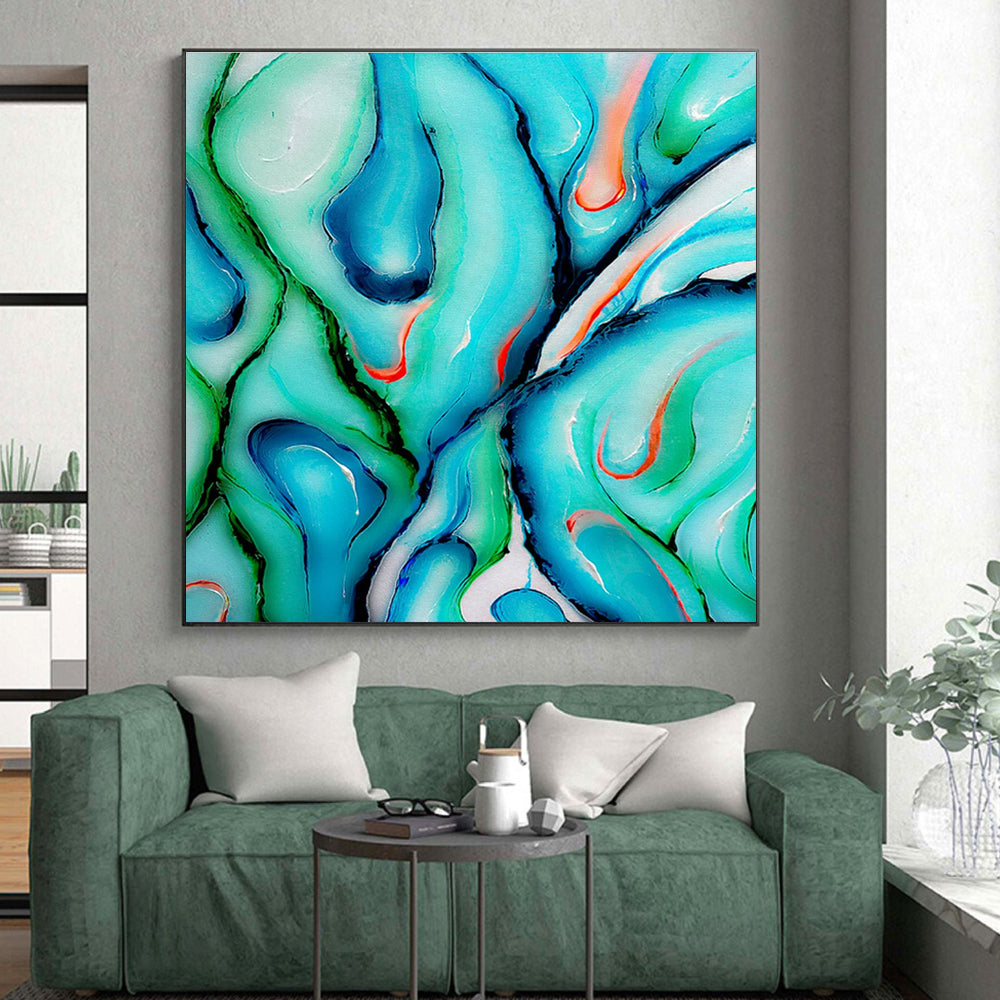 Unique Abstract Art Teal, Green, and Orange Fluid Abstract Art HS724