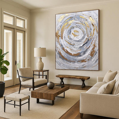 Hand-Painted Gray, White, and Gold Abstract Swirl Painting For Sale HS058