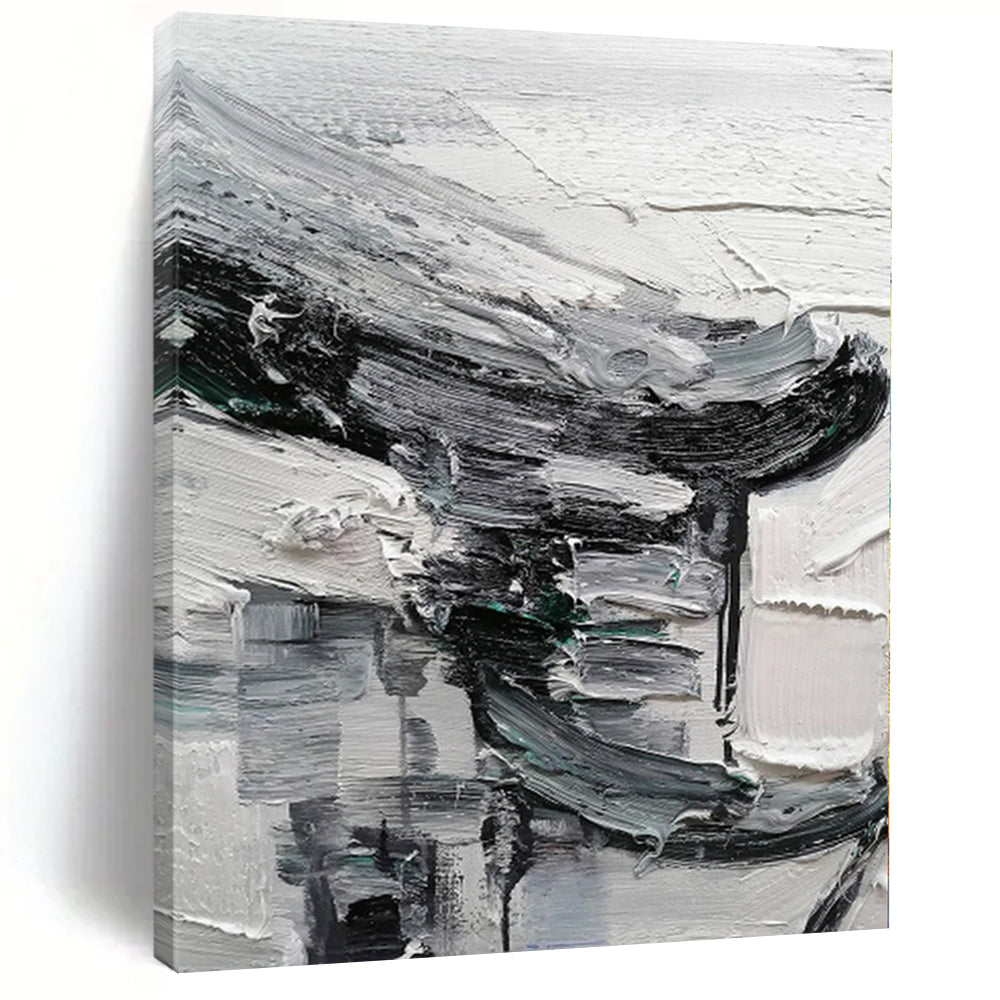 Hand-Painted Black, White, and Gray Abstract Textured Urban Painting For Sale HS059