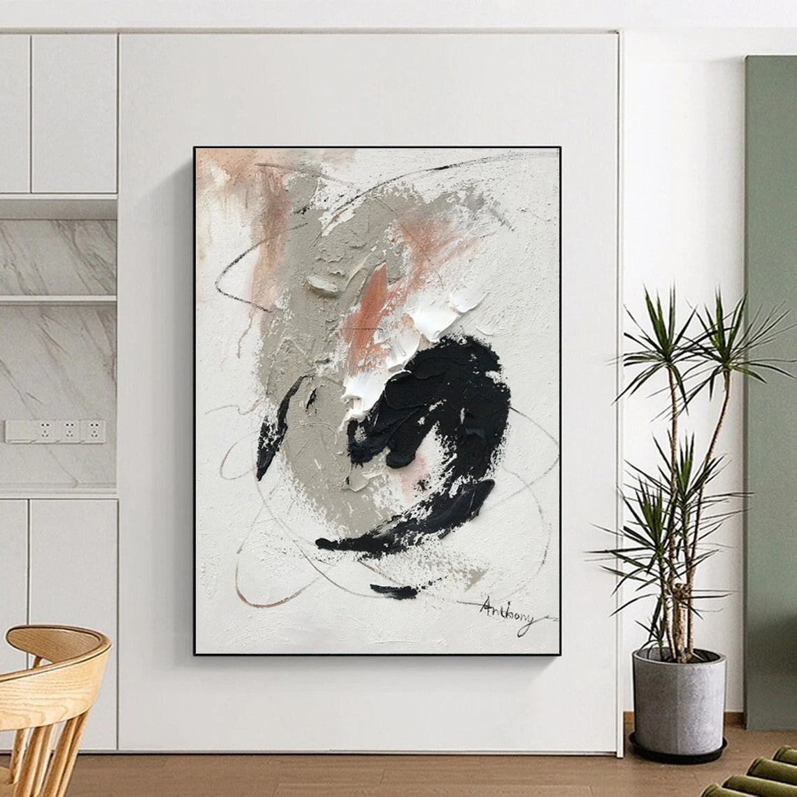 Hand Painted Art with Gray, Black, White and Beige Colors, Textured Abstract Theme HS473