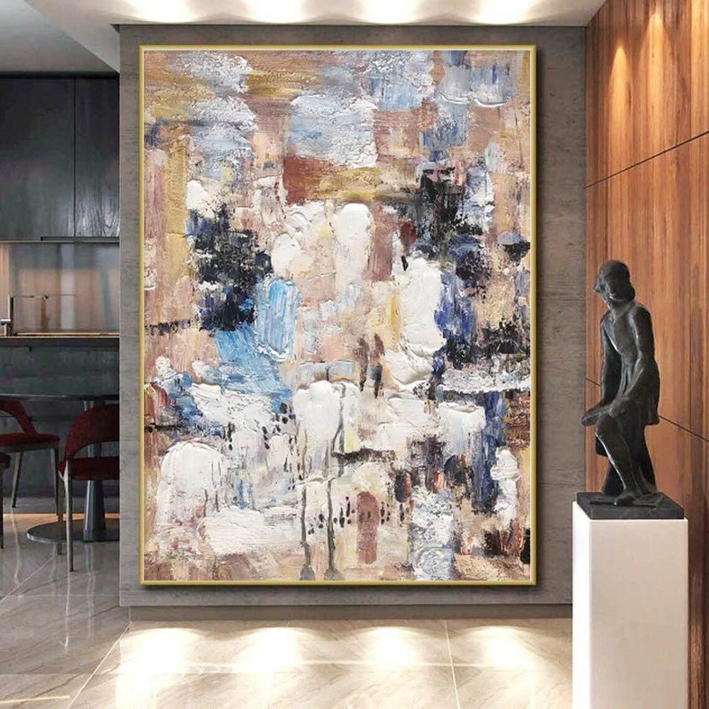 Hand-Painted Multicolor Abstract Textured Cityscape Painting For Sale HS061