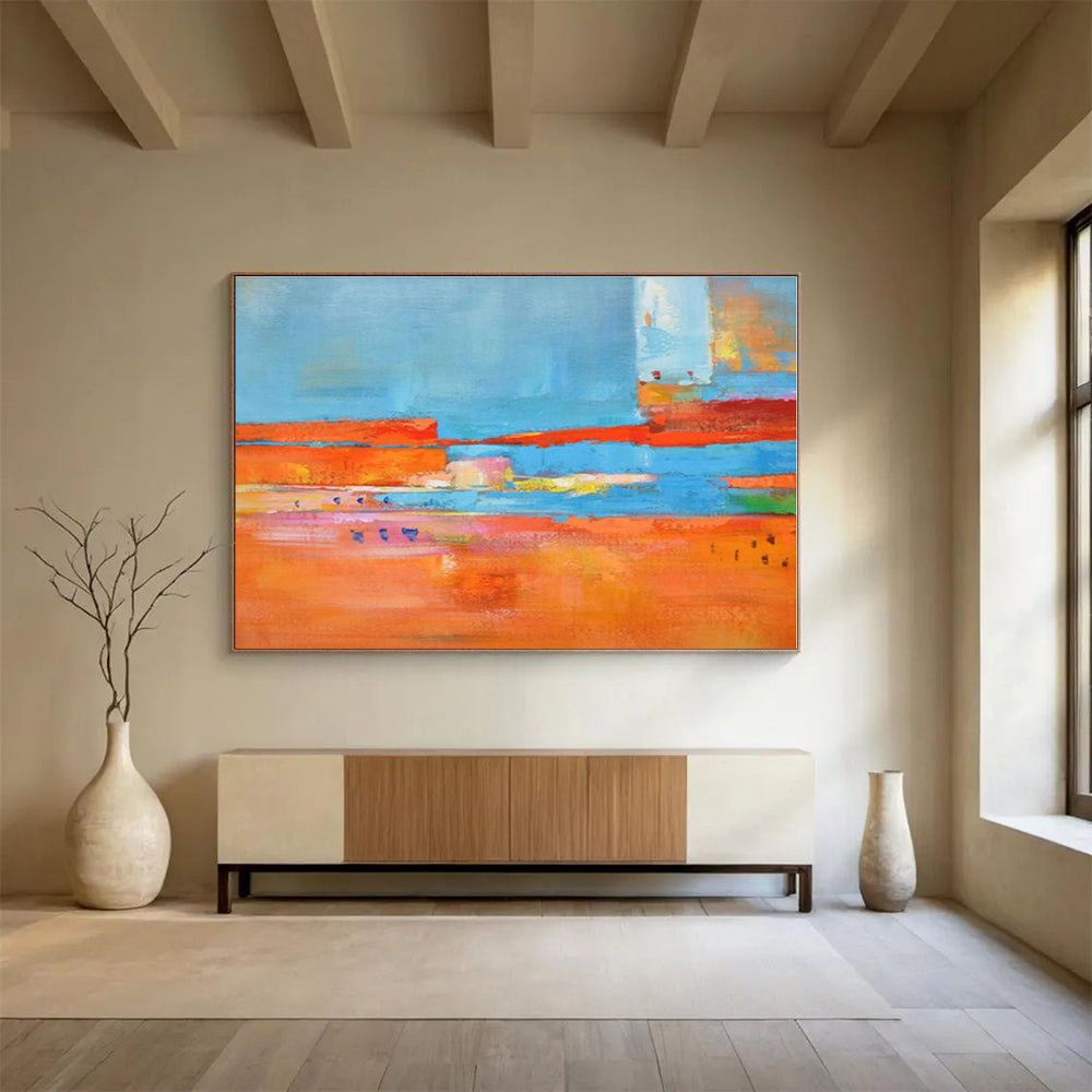 Oversized Canvas Art Blue, Orange and Red Abstract Landscape Painting WB099
