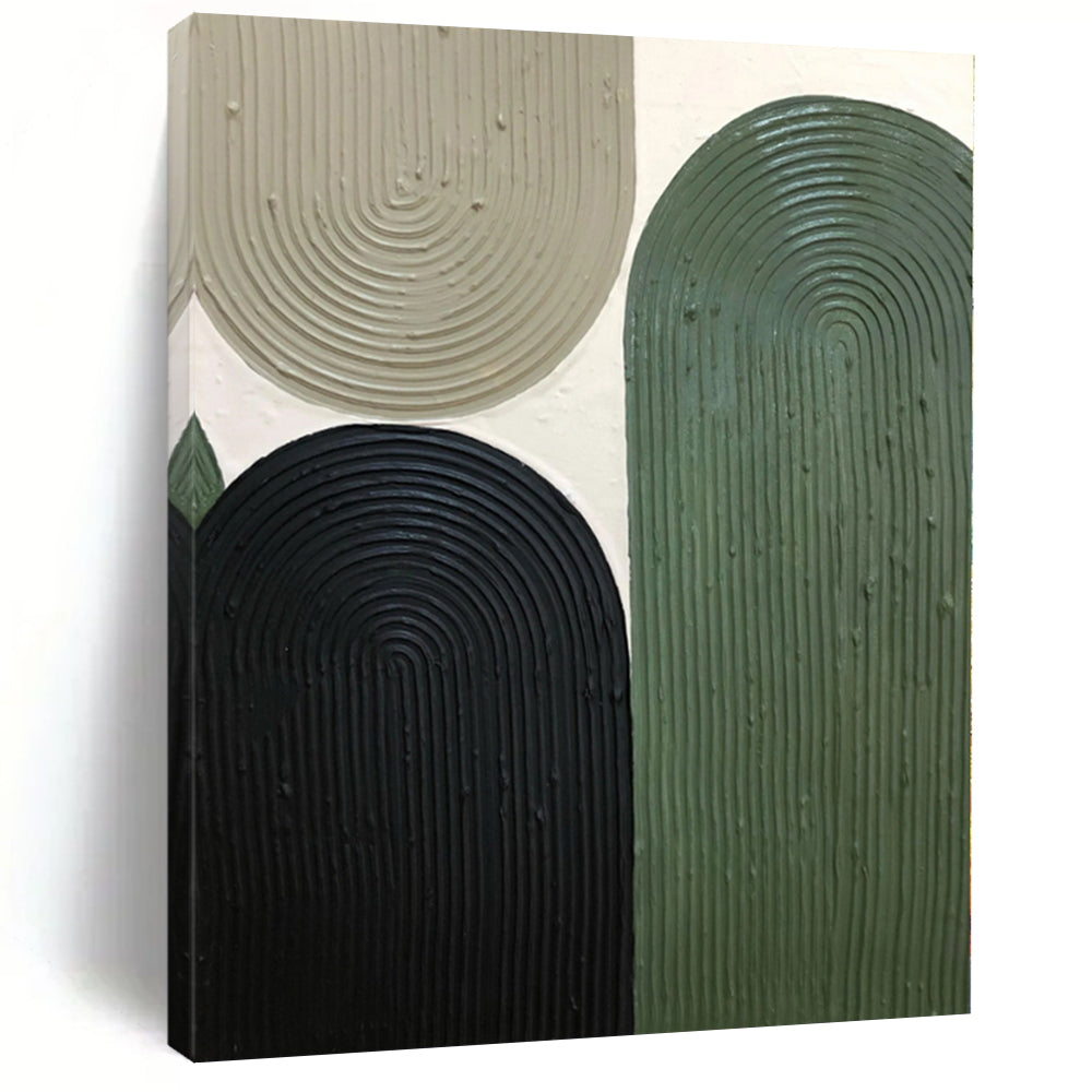 Hand-Painted Green, Black, and Beige Abstract Curved Shape Textured Painting For Sale HS030