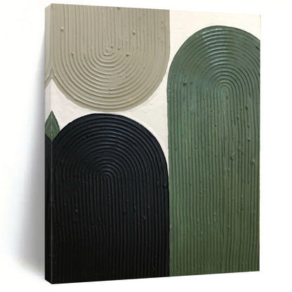 Hand-Painted Green, Black, and Beige Abstract Curved Shape Textured Painting For Sale HS030