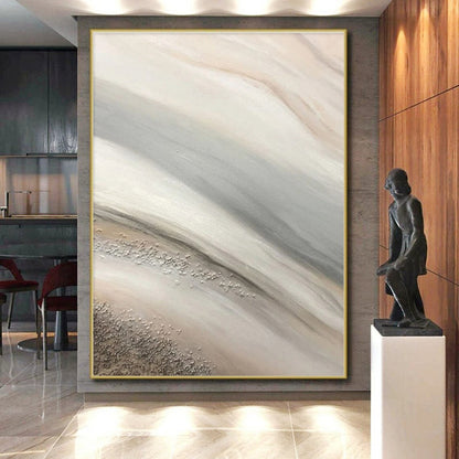 Hand Painted Art Beige and Gray Flowing Textures with Metallic Accents, Oversized Abstract Wall Art HS544
