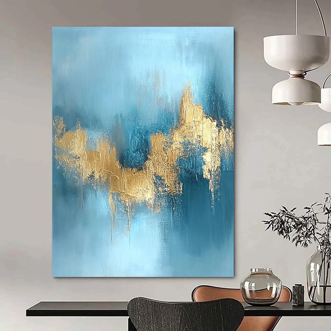 Blue, Gold Abstract Textured Art For Living Room and Bedroom WS433