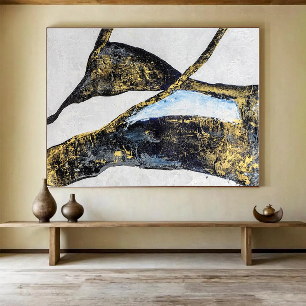 Black, Gold, Blue Abstract Shapes Painting, Abstract Acrylic Art WB009