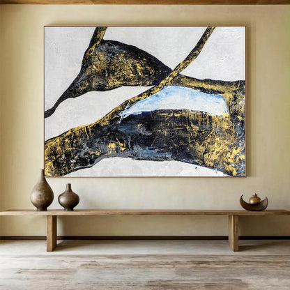 Black, Gold, Blue Abstract Shapes Painting, Abstract Acrylic Art WB009