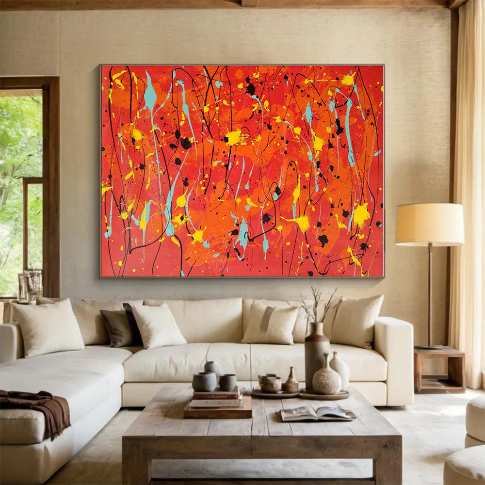 Large Size Orange, Yellow and Blue Abstract Splatter Painting WB075