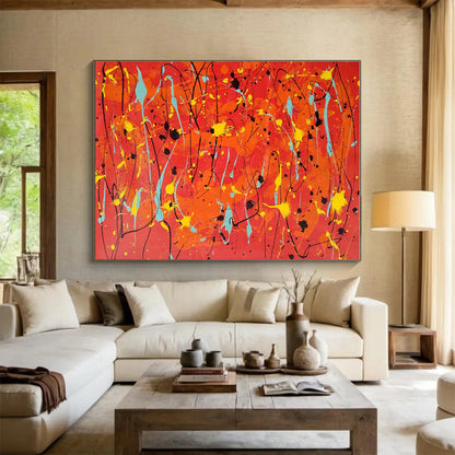 Large Size Orange, Yellow and Blue Abstract Splatter Painting WB075