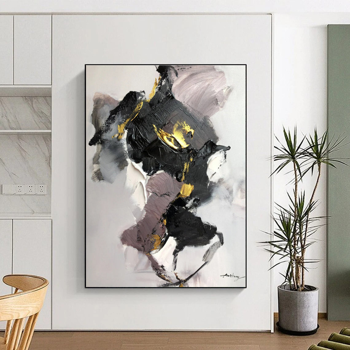 Oversized Abstract Wall Art with Black, Gray, White and Gold Colors, Energetic Abstract Theme HS476