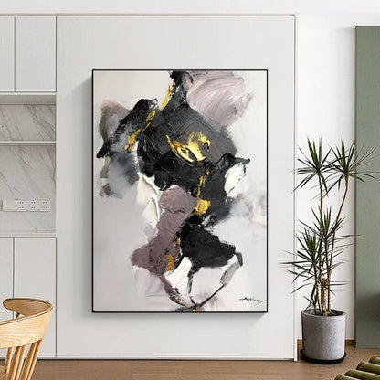 Oversized Abstract Wall Art with Black, Gray, White and Gold Colors, Energetic Abstract Theme HS476
