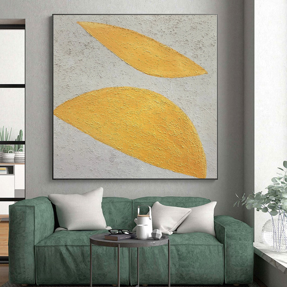 Hand-Painted Yellow and Gray Textured Abstract Leaf-Shaped Painting For Sale HS022