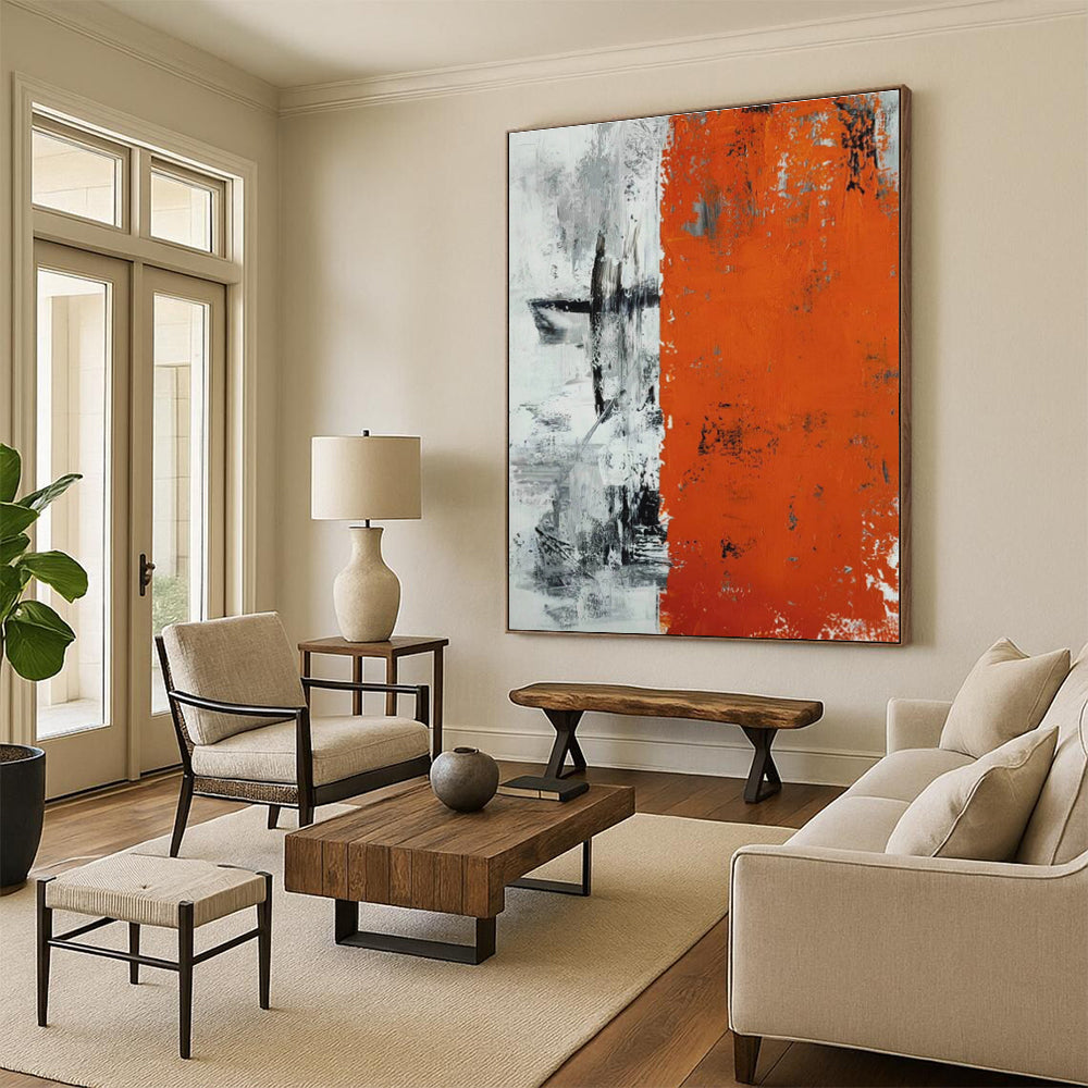 Hand Painting Orange, Black & White Textured Abstract Geometric Art HS402