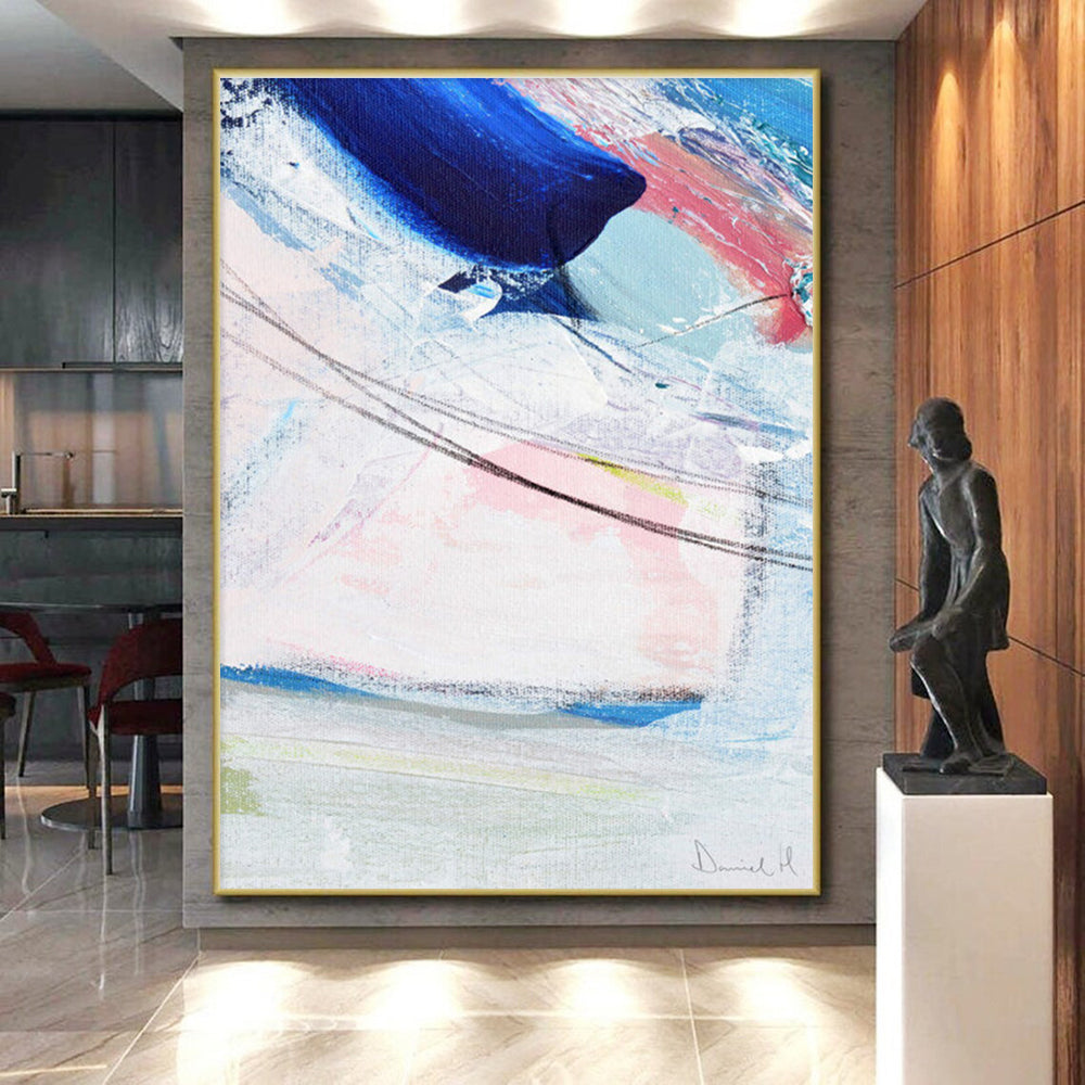 Hand Painted Art Blue, Pink & White Gestural Abstract, Large Painting In Living Room HS236
