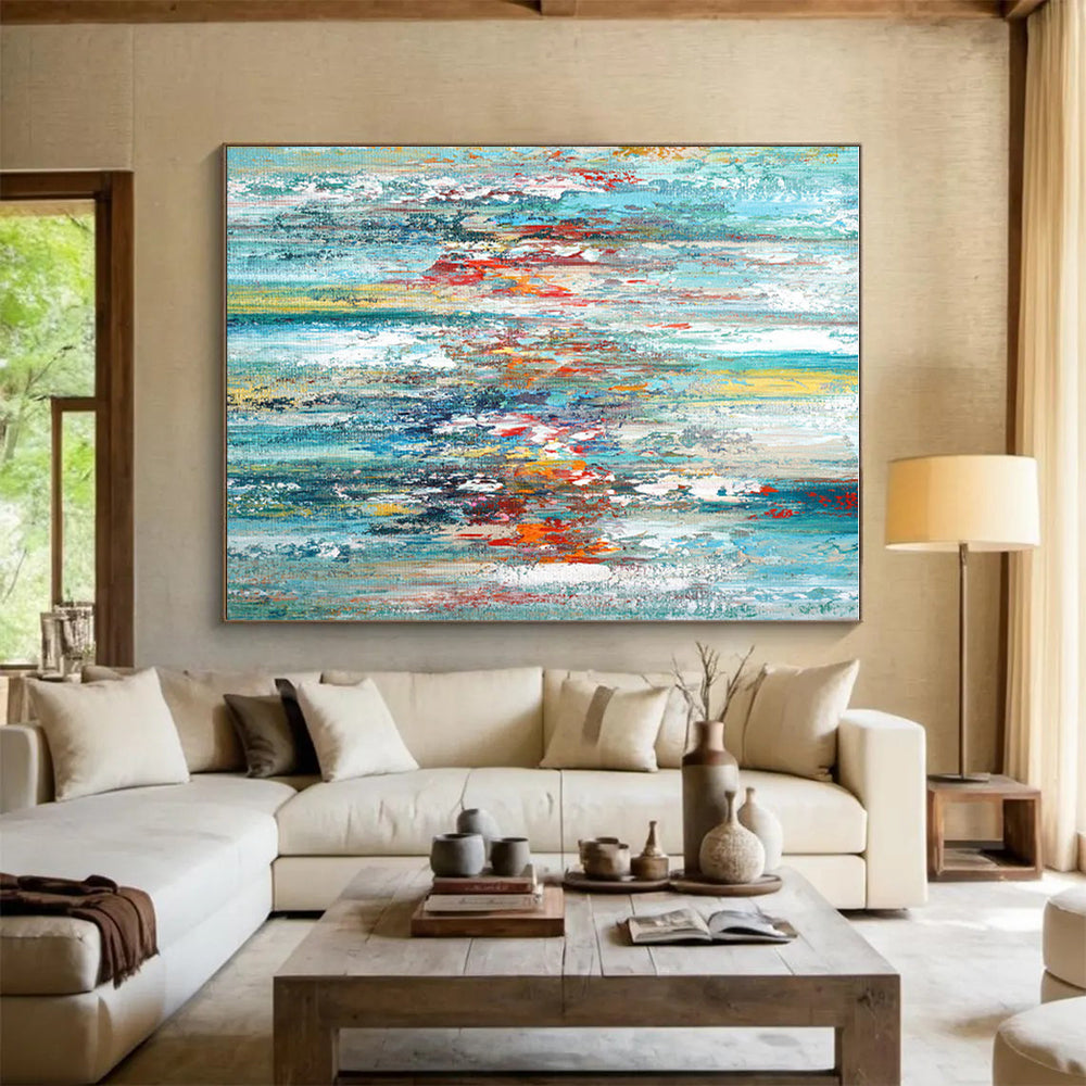 Hand-Painted Turquoise, Red & Yellow Abstract Vertical Strokes Art HS381