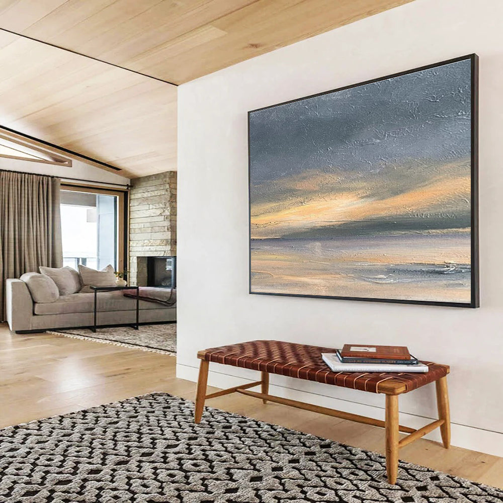 Huge Size Gray, Orange, and Multicolor Abstract Sunset Landscape, Abstract Oil Painting WB175