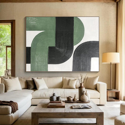 Hand-Painted Green, Black, and White Abstract Curved Line Textured Painting For Sale HS033