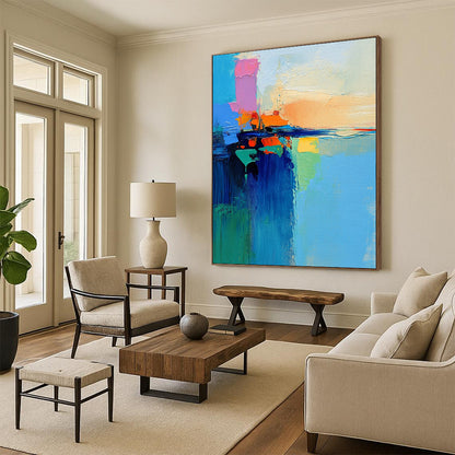 Hand-Painted Multicolor Abstract Seaside Painting For Sale HS122