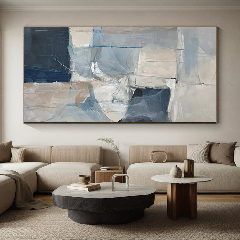 Modern Art Acrylic Blue, Gray, and Beige Geometric Abstract Art HS722