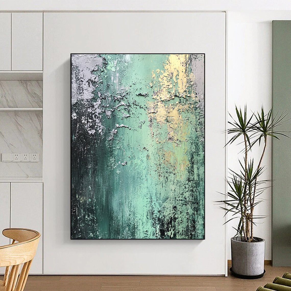 Hand Painted Art Green, Gray, and Gold Textured Abstract Art HS187