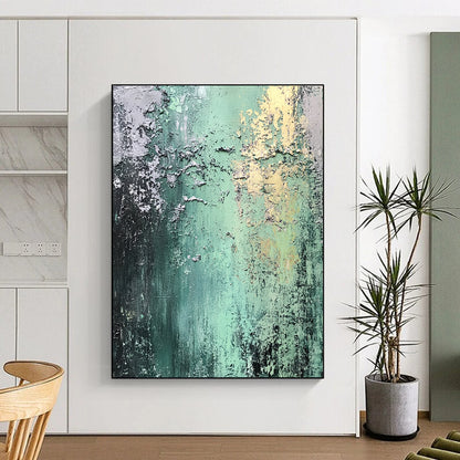Hand Painted Art Green, Gray, and Gold Textured Abstract Art HS187