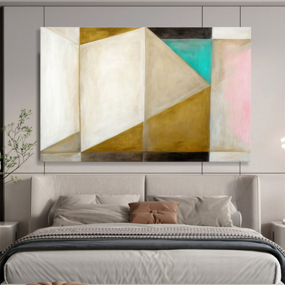 Hand Painted Art: Neutral Gold Teal and Pink Geometric Abstract Painting WB348