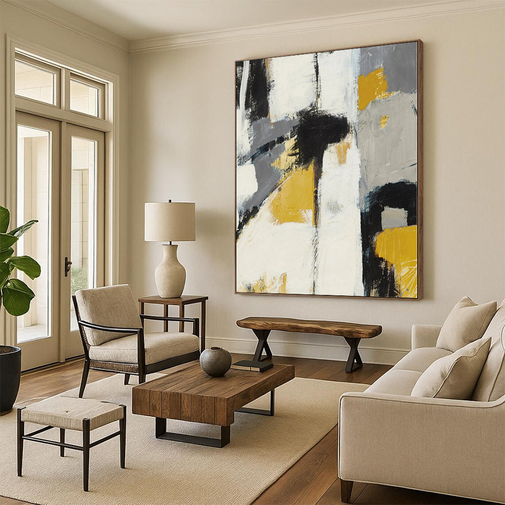 Huge Size Gray, Yellow, and Black Abstract Expressive Painting For Sale HS089