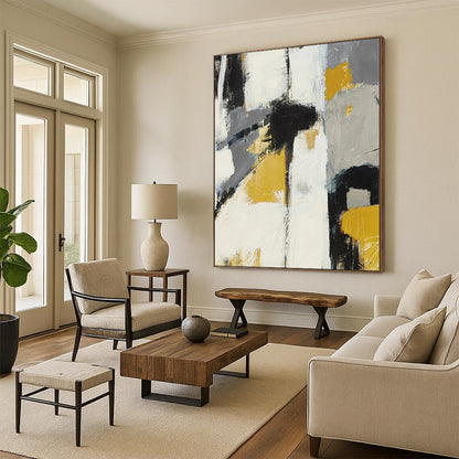 Huge Size Gray, Yellow, and Black Abstract Expressive Painting For Sale HS089