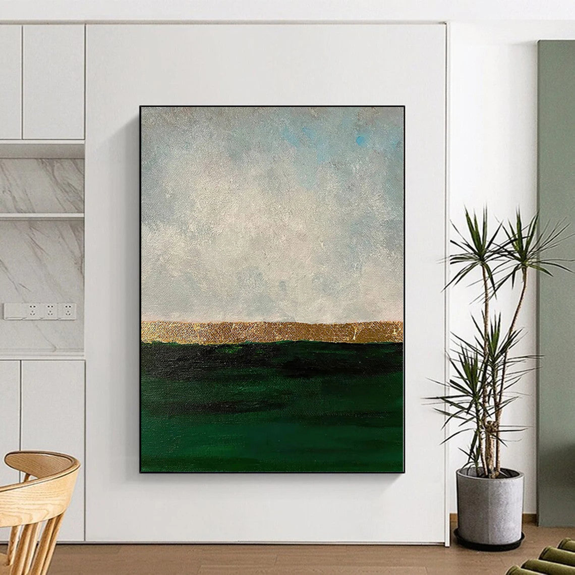 Hand-Painted Green, Gold, and Gray Abstract Landscape Painting For Sale HS045