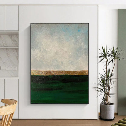 Hand-Painted Green, Gold, and Gray Abstract Landscape Painting For Sale HS045