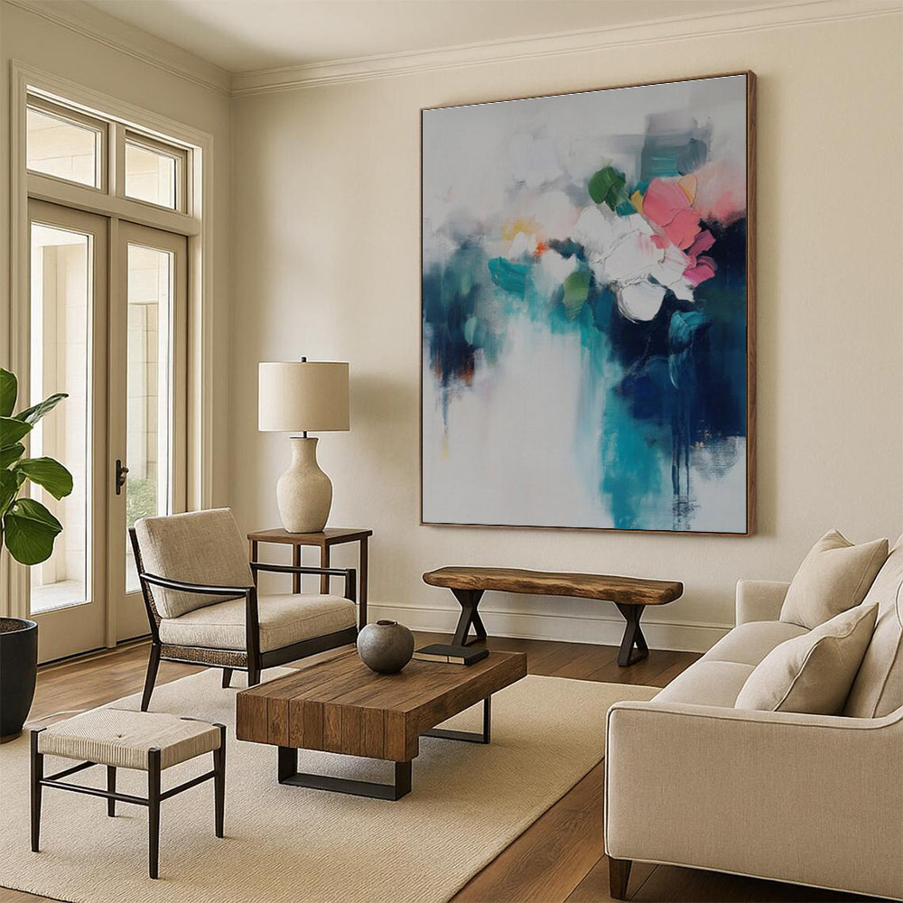 Acrylic Modern Art Paintings Teal, Pink, and White Floral Abstract Art HS718