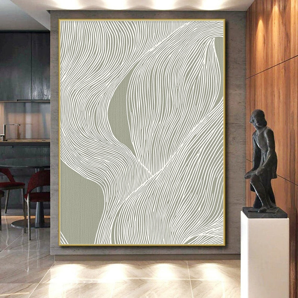 Hand Painted Art Green and White Linear Abstract Art HS192