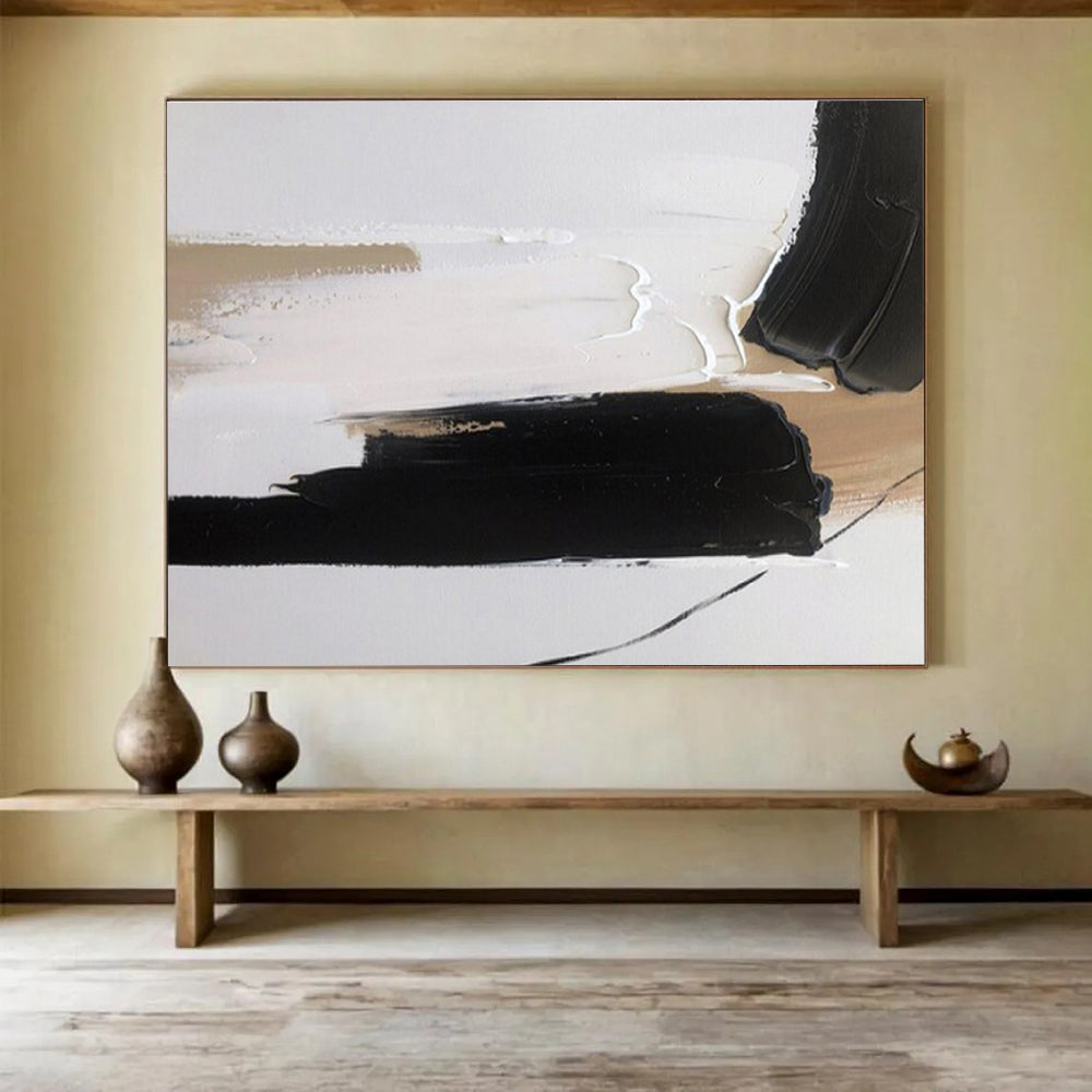 Modern Art Abstract Paintings: Black White and Beige Textured Abstract Painting WB355