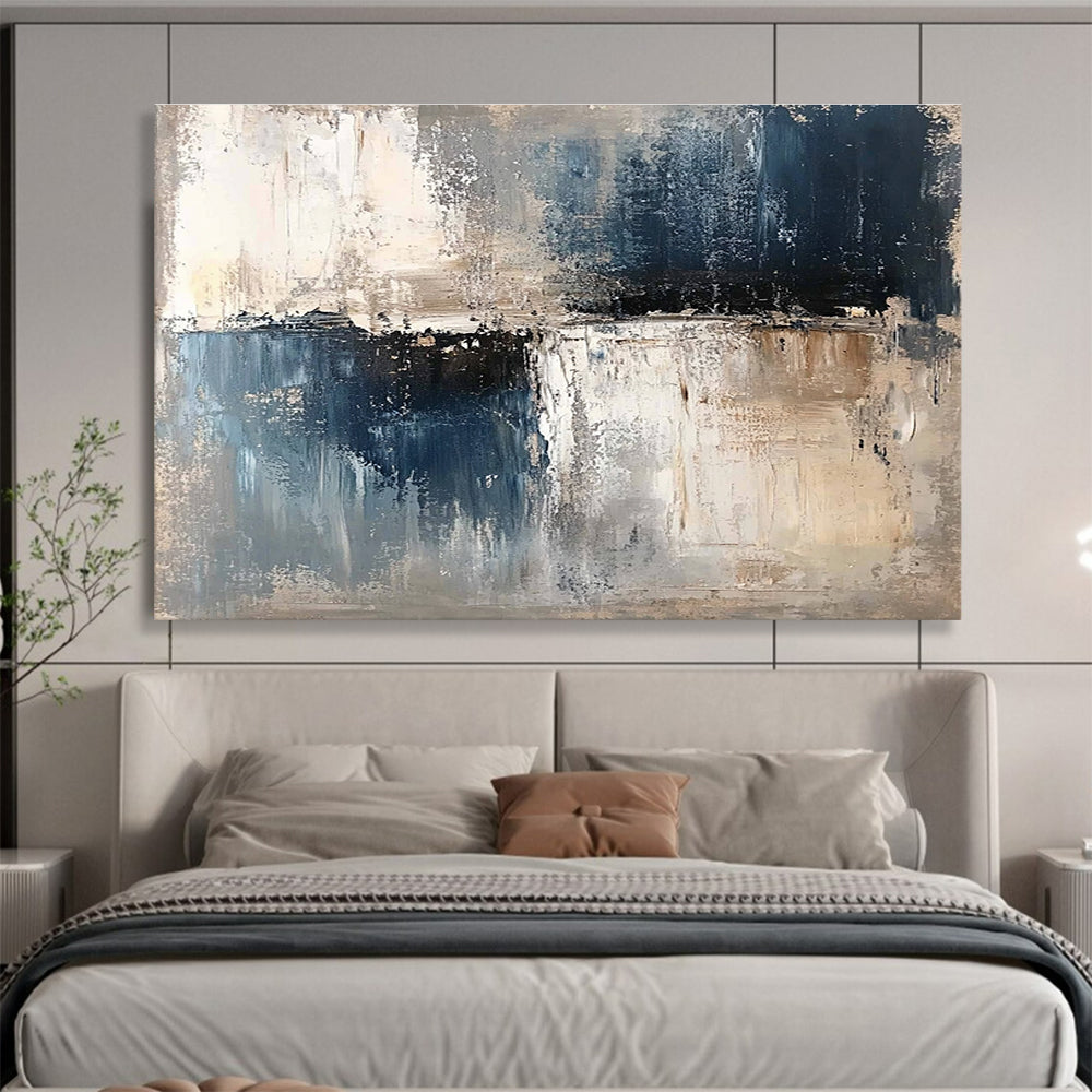 Oversized Canvas Art Blue, Gray, and Beige Abstract Textured Landscape - Acrylic Painting WB277