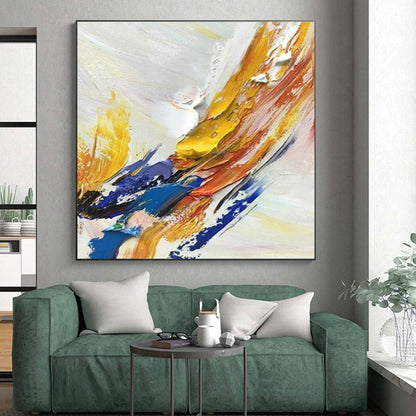 Handmade Art Unique Abstract Art with Yellow, Blue, Red, White Textured Brushstrokes - Acrylic Modern Art Painting HS520