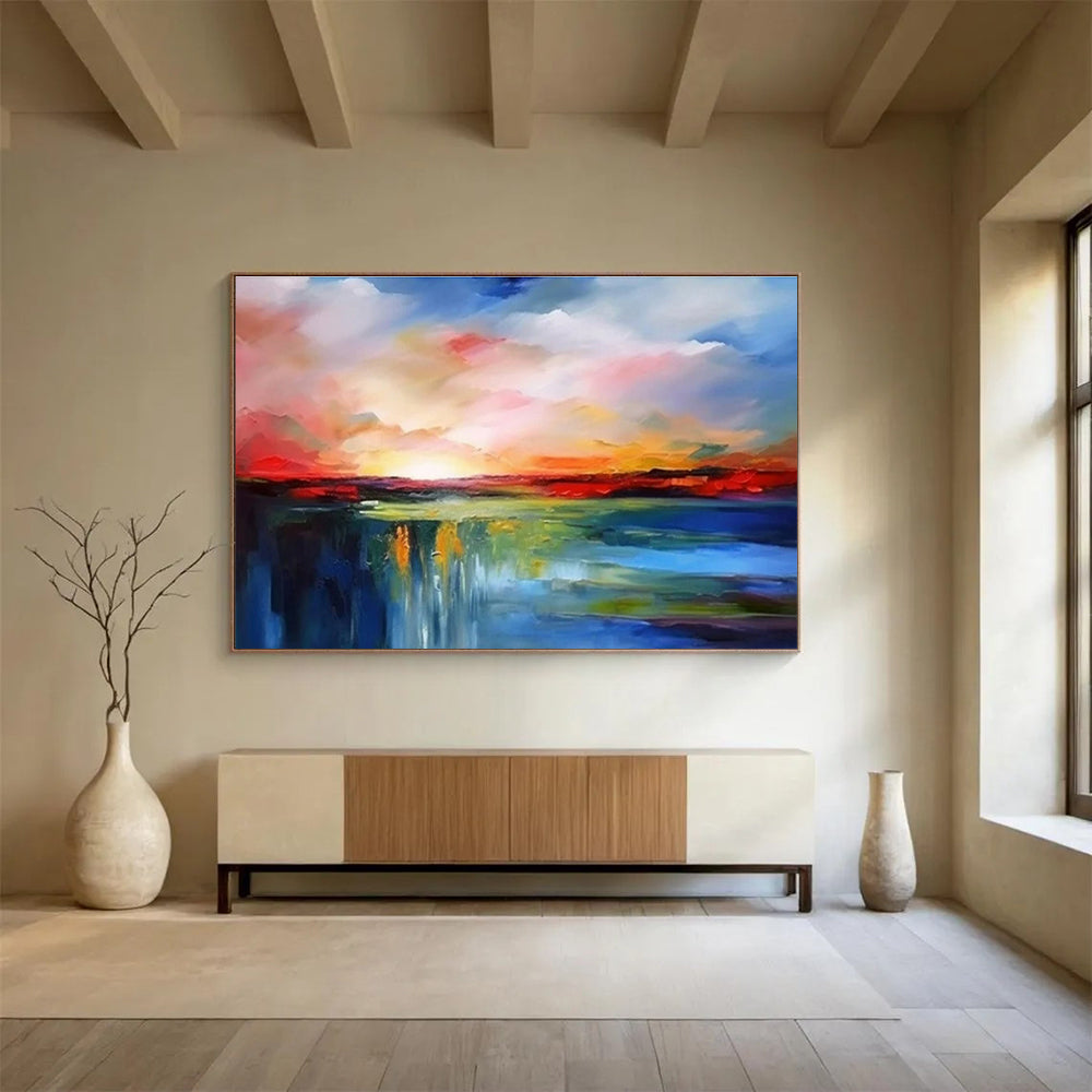 Hand Painted Art: Multicolor Sunset Landscape Abstract Painting WB369