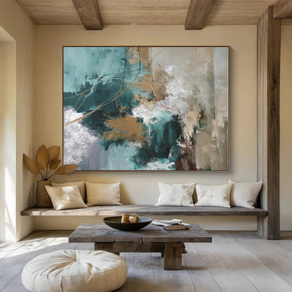 Extra Large Size Teal, Gold and Gray Abstract Textured Painting WB114