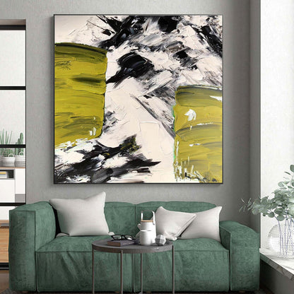 Big Painting Green, Black & White Textured Abstract Architectural Art HS395