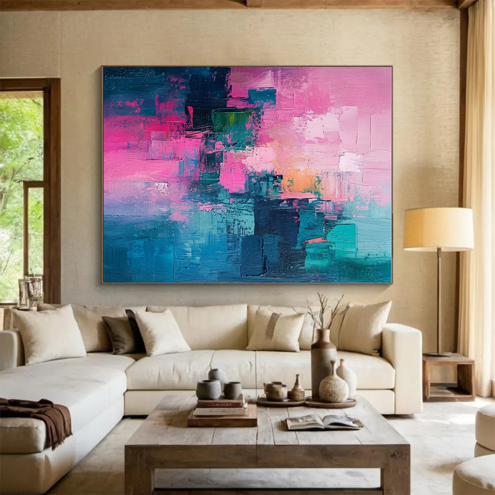 Hand Painted Art Pink & Teal Textured Blocks, Large Painting In Living Room HS225