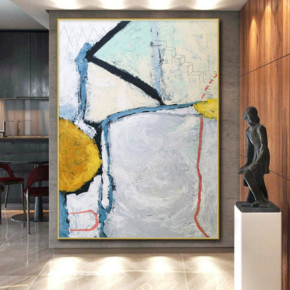 Handmade Art Gray, Yellow, and Blue Geometric Abstract Painting On Canvas HS826