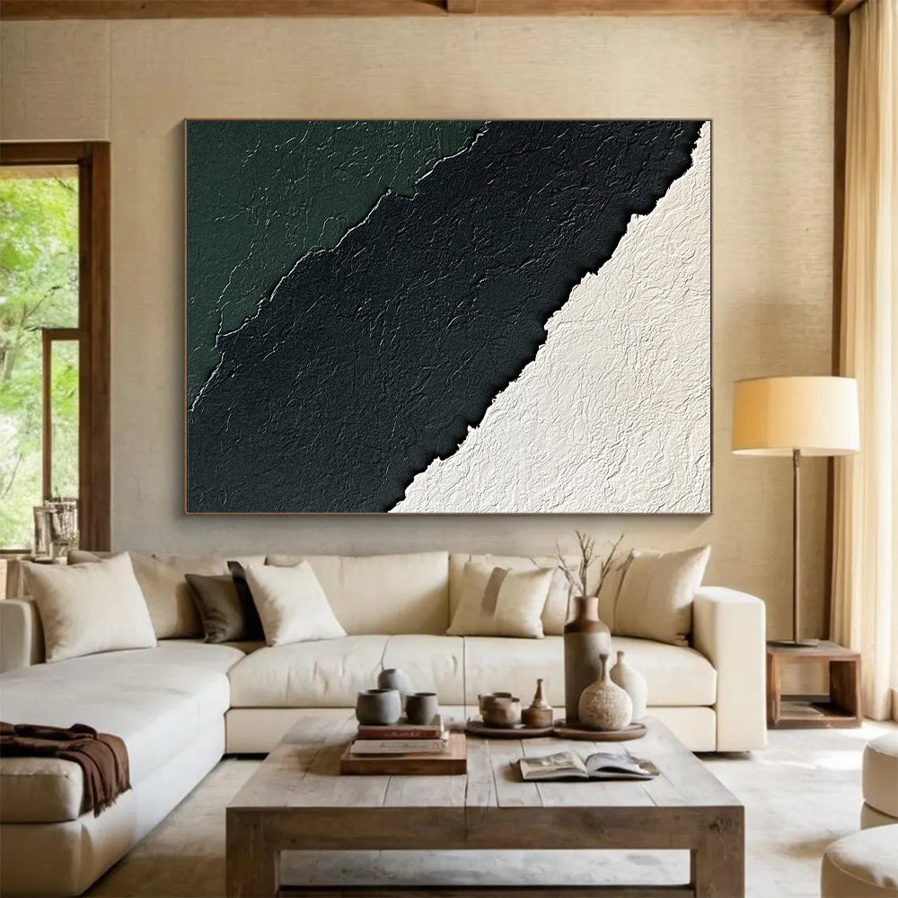 Hand-Painted Black, White, and Green Textured Layered Abstract Art HS181