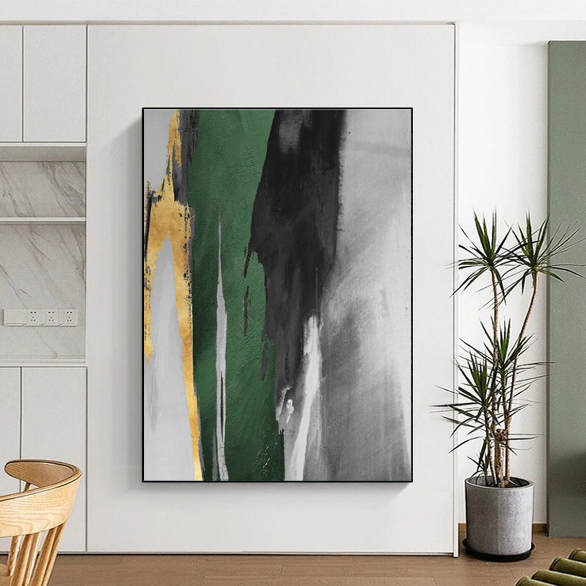 Handmade Art Oversized Abstract Wall Art with Green, Black, Gray, Gold Textured Brushstrokes - Acrylic Modern Art Painting HS536