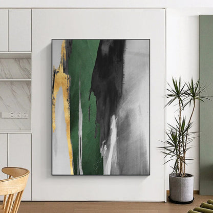 Handmade Art Oversized Abstract Wall Art with Green, Black, Gray, Gold Textured Brushstrokes - Acrylic Modern Art Painting HS536