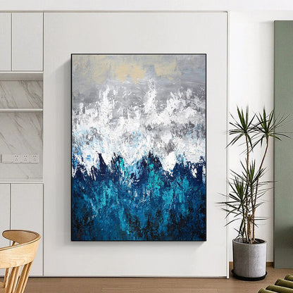 Hand Painting Blue, Gray & White Textured Abstract Mountain Art HS382