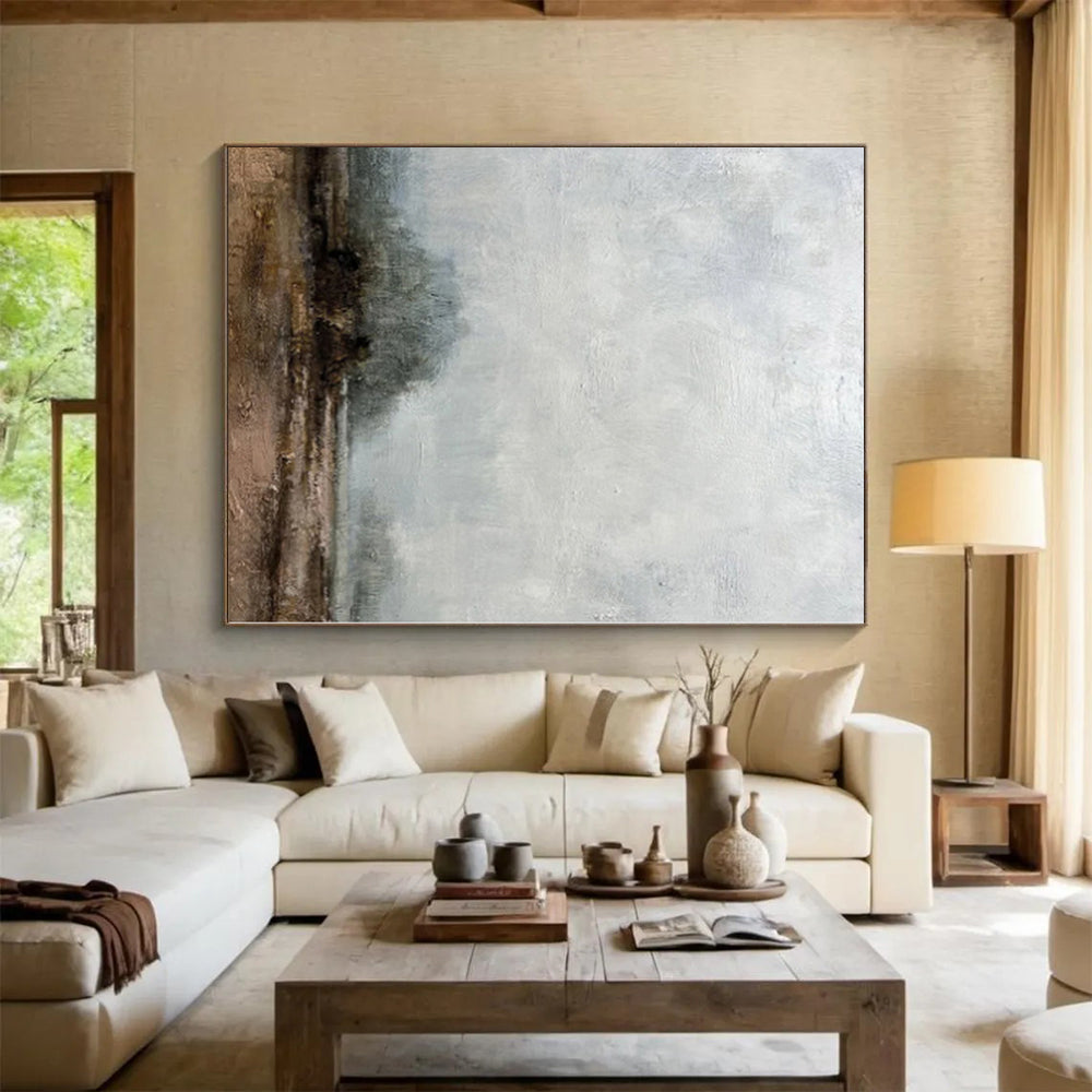 Hand-Painted Gray and Brown Abstract Misty Landscape Painting For Sale HS081