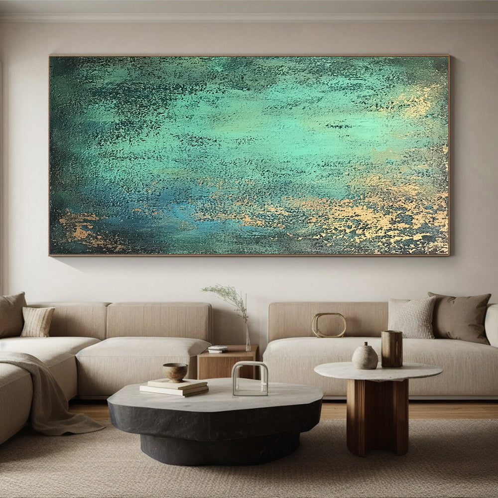 Modern Art Acrylic Teal and Gold Patina Abstract Painting HS178